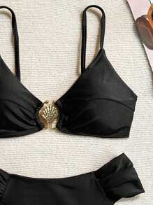 Swim Vcay 女士春假海滩度假性感金属配饰全素食高切褶皱细肩带比基尼套装，女士夏季泳装 - 黑色 - 查看 4