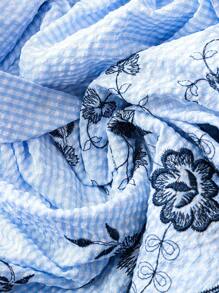 Sweetra قميص ملون بطبعة الجينجهام مطرز باكمام منفوخة قصة A - متعدد الألوان - مشاهدة 5