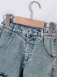 Genkimix Kids Young Boy Casual Contrast Stitching Relaxed Straight Leg Cargo Jeans, School, Campus, College Chic Outfits For Autumn/Winter - Light Wash - View 7