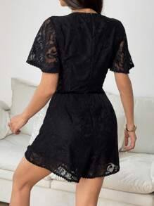 Bellastra 女士 V 领性感高端蕾丝花边腰部拼接精致法式透明蕾丝连体衣 - 黑色 - 查看 2