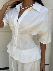 Muchica Camisa informal de mujer de manga de murciélago blanca con cintura fruncida, verano