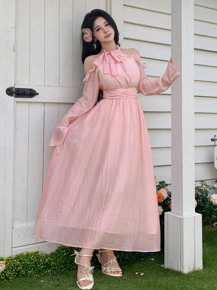 Women's Fall Vacation Casual Gathered Waist Bell Sleeve Ruffle Trim Tie-Neck Shoulder Cold-Shoulder Midi Dress Long Sleeve Dress