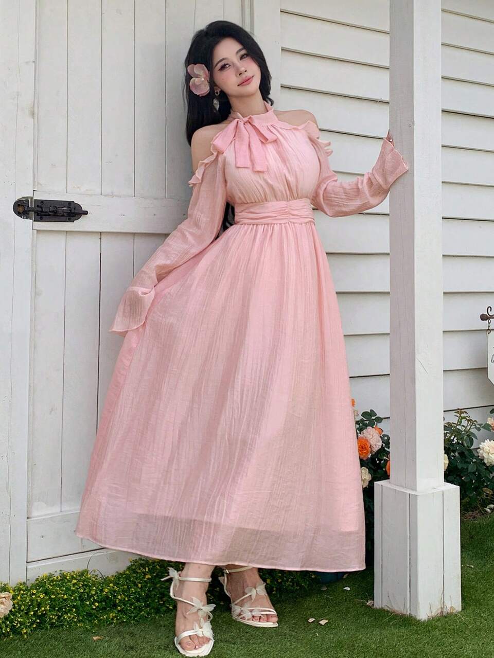 Women's Fall Vacation Casual Gathered Waist Bell Sleeve Ruffle Trim Tie-Neck Shoulder Cold-Shoulder Midi Dress Long Sleeve Dress