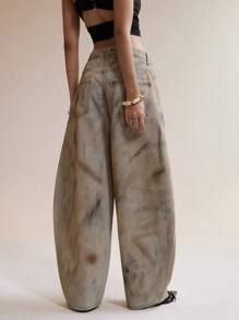 Easelle 女式高腰阔腿做旧复古水洗牛仔裤 - 黃色 - 查看 2