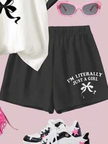 SHEIN Leap Crew Bộ quần short tay ngắn tối giản thường ngày cho bé gái tuổi teen 2 món, mùa hè - Nhiều màu - Xem 4