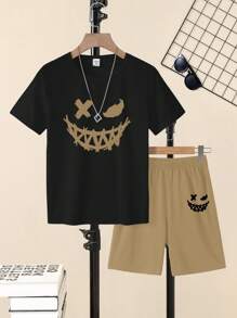 SHEIN 2pcs Tween Boys Casual Minimalist Round Neck Short Sleeve T-Shirt And Shorts Set, Suitable For Summer - Khaki - View 3