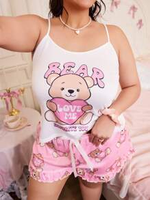 SweetSlumber Plus Size 2pcs Set Cute Cartoon Bear Heart Print Pajamas