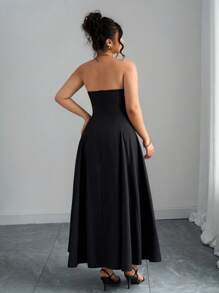 Elenzga Vestido de línea A con cintura fruncida, sin tirantes, de unicolor y elegante para mujer de talla grande