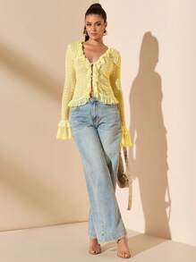 SHEIN BAE Apricot Lace Blouse With Ruffle Trim & Tie Neck, Sexy Minimalist Design, Versatile For Spring, Summer, Date, Party, Wedding, Work And Daily Wear - Yellow - View 3