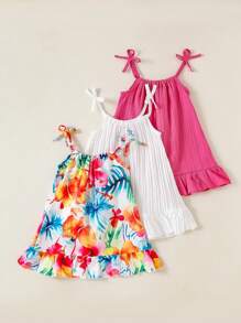 SHEIN 3 件套夏季女童连衣裙，蝴蝶结肩带纯色和条纹连衣裙套装，适合日常休闲穿着，女童专属连衣裙 - 彩色 - 查看 4