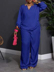 Slaydiva 2pcs/Set Plus Size Western Wear Casual Solid Notched Neck Long Sleeve Top And Pants Set Fall - Blue - View 9