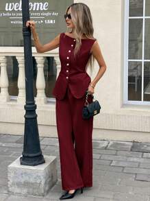 Serisse 2pcs/Set Women Solid Color Single-Breasted Sleeveless Jacket And Pants Christmas Thanks Giving Red Summer New Year Burgundy Casual Valentine's Day - Burgundy - View 3