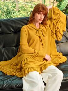 Aveloria Women Chiffon Ruffle Hem V-Neck Bowknot Fashionable Commuter Elegant Solid Color Long Loose Blouse,Summer Tops,Long Sleeve Top,Festival,Country Concert,Bohemia,Boho - Mustard Yellow - View 1