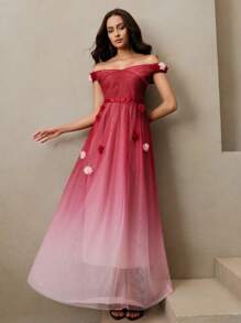 Anewsta 女式优雅渐变色蕾丝网眼2025新款褶皱腰修身长下摆连衣裙，春夏优雅节日度假 - 酒紅色 - 查看 3