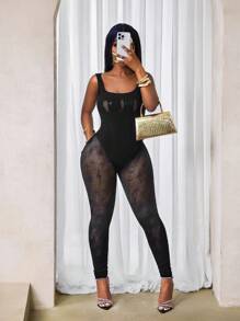 BamGleam Sexy Mesh Jumpsuit, Solid Color Round Neck Sheer Sleeveless - Black - View 6