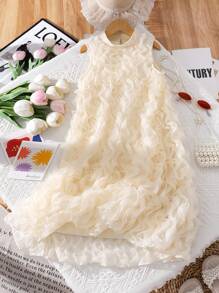 Tween Girls Solid Sleeveless Stand Collar 3D Ruffle Elegant Summer Dress - Apricot - View 2