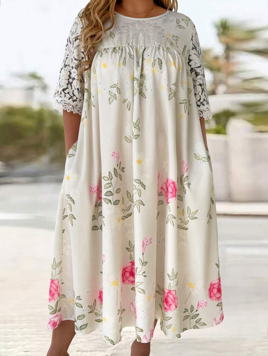 EMERY ROSE Plus Size Women Floral Print Contrast Lace 3/4 Sleeve Loose Pocket Dress - Multicolor - View 1