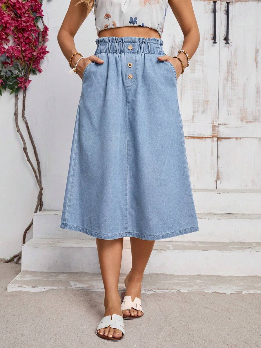 EMERY ROSE Women's Denim Ruffle Hem Pocketed Casual Mini Skirt - Light Wash - View 1