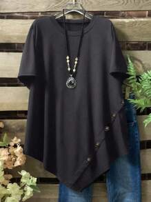 Plus Size Women's Solid Color Round Neck Short Sleeve Button Design Casual T-Shirt - Dark Grey - View 1