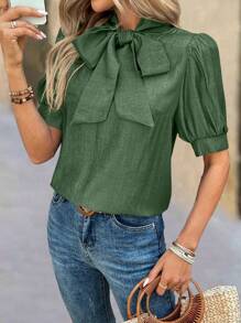 Calvaya Elegancka bluzka damska w kształcie litery H z bufiastymi rękawami i kokardą przy szyi w jednolitym kolorze - Zielony - Zobacz 5