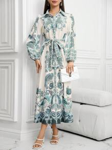 SHEIN Lacomfia 女士优雅佩斯利印花长裙，夏季 - 綠色 - 查看 5