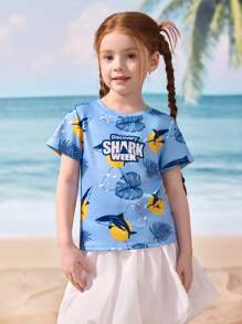Shark Week X SHEIN Young Girl Summer Casual Shark Print Round Neck Short Sleeve T-Shirt - Multicolor - View 1