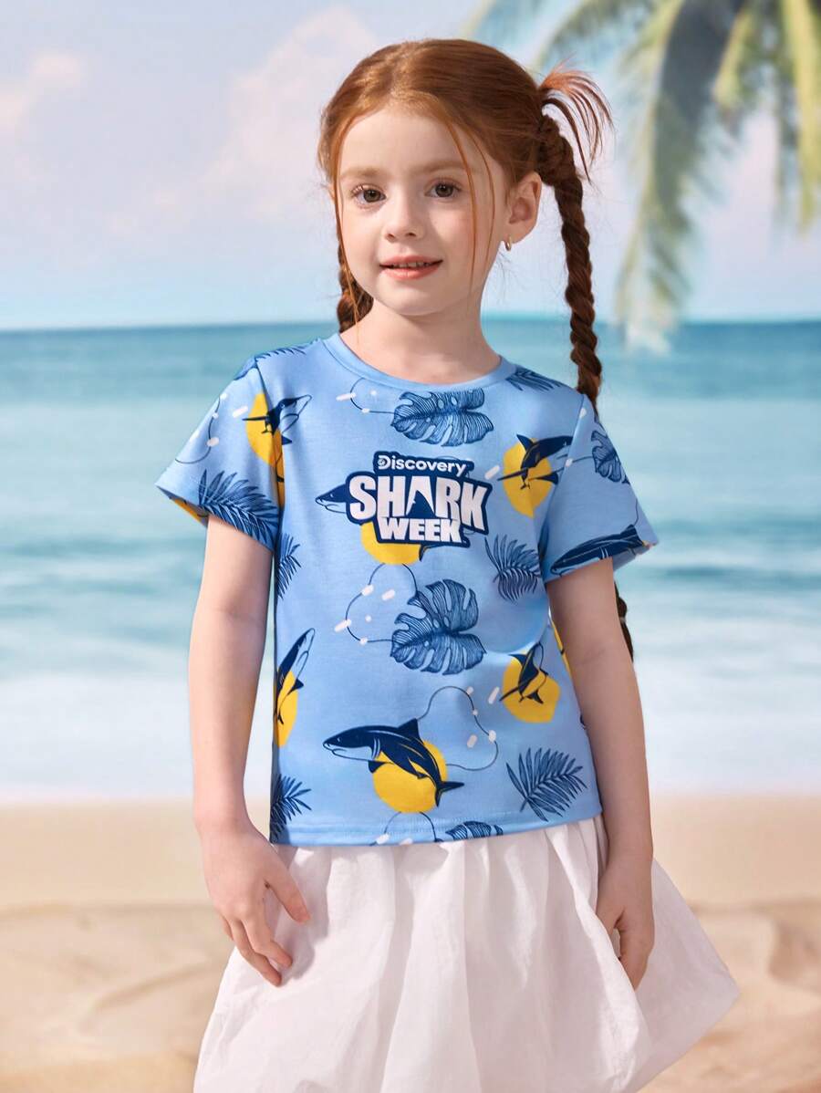 Shark Week X SHEIN Young Girl Summer Casual Shark Print Round Neck Short Sleeve T-Shirt - Multicolor - View 1