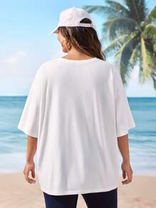 Shark Week X SHEIN Tricou cu mânecă scurtă cu decolteu rotund și cu litere, cu mânecă scurtă - alb - Vizualizare 2