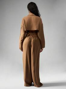 MISSGUIDED Linen Summer Resort Vacation Two Piece Set Loose Fit Crop Button Down Top Wide Leg Palazzo High Waist Pants Beach Travel Outfit