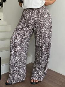 Dazy Plus Elastic Waist Loose Straight Leg Leopard Print Casual Pants, Spring/Summer - Black - View 5