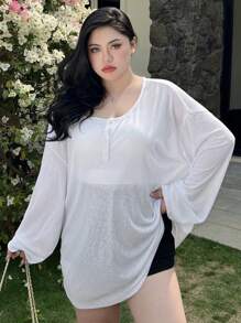 Dazy Plus Semi-Opened Collar Loose Fit Long Sleeve White Vacation T-Shirt, Spring/Summer/Autumn Women Clothing Summer Outfits