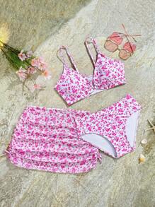 SHEIN 青少年女孩随机印花泳衣三件套儿童泳衣 - 彩色 - 查看 1