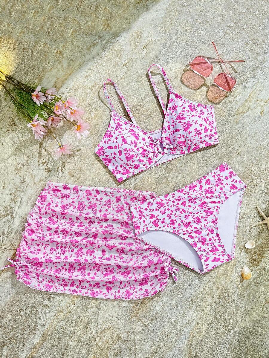 SHEIN 青少年女孩随机印花泳衣三件套儿童泳衣 - 彩色 - 查看 1