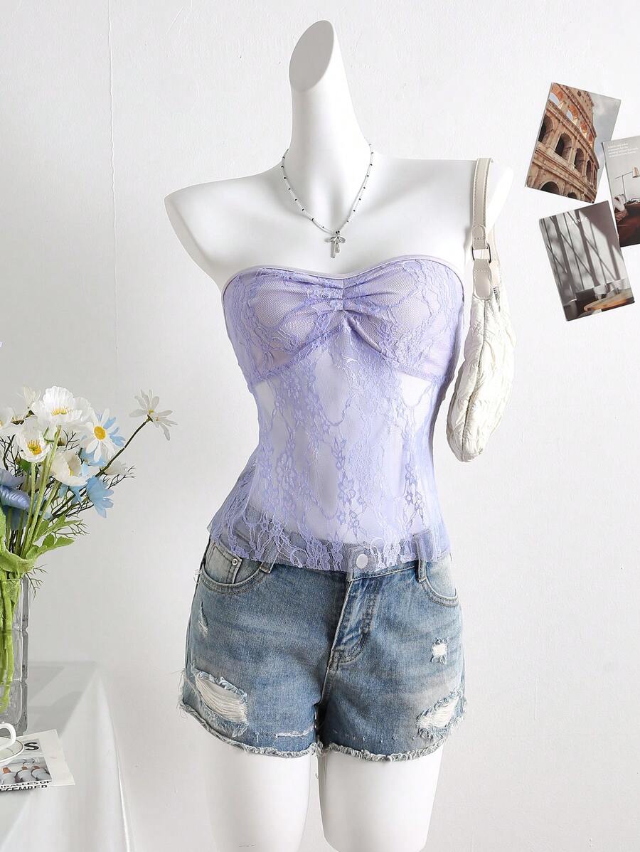 SHEIN Unity 女式蕾丝拼接抹胸 Y2K - 紫丁香色 - 查看 1