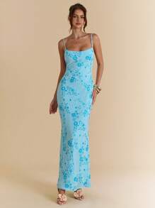 SHEIN BAE 蓝色露背系带铆钉珍珠亮片装饰连衣裙，女士优雅度假沙滩裙，适合夏季、音乐节、露背连衣裙 - 藍色 - 查看 1