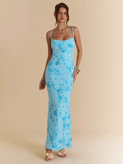 SHEIN BAE 蓝色露背系带铆钉珍珠亮片装饰连衣裙，女士优雅度假沙滩裙，适合夏季、音乐节、露背连衣裙