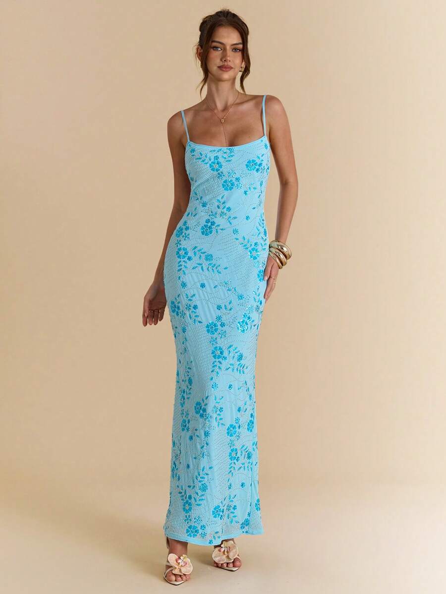 SHEIN BAE 蓝色露背系带铆钉珍珠亮片装饰连衣裙，女士优雅度假沙滩裙，适合夏季、音乐节、露背连衣裙 - 藍色 - 查看 1