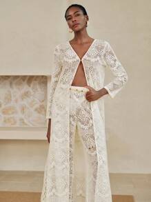 Arave 2pcs/Set Women Solid Color Hollow Long Sleeve V-Neck Cardigan & Straight Leg Pants, Casual Outdoor Beach Vacation Outfit For / Fall Women Clothes Fall Outfits Women Fall Autumn Clothes - Beige - View 6