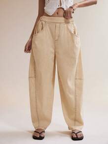 Easelle Quần dài nữ dài tay màu xanh lá cây, dáng suông, dáng cong, thoải mái, giặt axit - xanh quân đội - Xem 6