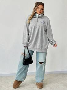 SHEIN CURVE+ Plus Size Women's Loose Fit California Graphic Print Lightweight Turtleneck Half Zip Sweatshirt, Autumn Winter Graduation,Back To School Outfits,Graduation,Teacher Outfits For Women,Back To School Fall