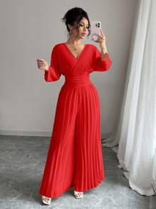 Rafferiza 女士纯色长袖连体裤，夏季时尚 - 紅色 - 查看 4