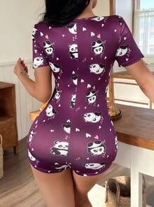 Women's Cute Panda Heart Print Jumpsuit Pajamas - Purple - View 2