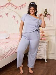 SHEIN Plus Size Solid Color Fashionable Pajamas Set, Suitable For Summer - Baby Blue - View 5