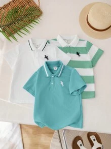 SHEIN 3 件套年轻男孩休闲运动学院风图案圆领短袖 Polo 衫套装，适合日常穿着、上学、户外活动、春夏季节 - 薄荷綠 - 查看 3