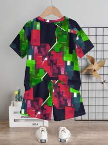 SHEIN Set de 2 piezas de camiseta de manga corta de cuello redondo casual y pantalones cortos para niño pequeño, adecuado para el verano