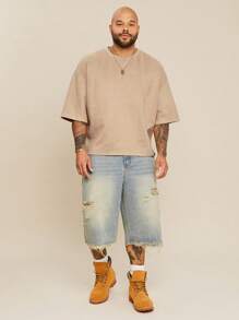 EASEVO Plus Size Men's Loose Embroidered Round Neck Short Sleeve T-Shirt, Suitable For Summer, School, For Fall - Brown - View 6