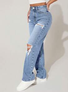 SHEIN PETITE Casual Washed Distressed High Waist Denim Jeans - Mint Blue - View 2