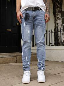 Manfinity LEGND Men's Casual Washed Ripped Slanted Pocket Denim Jeans