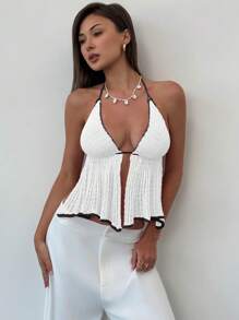 Aloruh 女式钩针针织露背前领无袖短款背心，夏季/度假