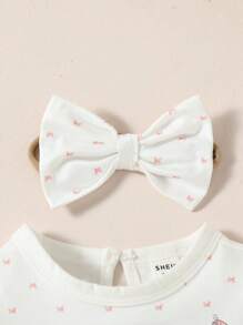 SHEIN Baby Girl Newborn Rabbit & Butterfly Print Ruffle Trim Romper